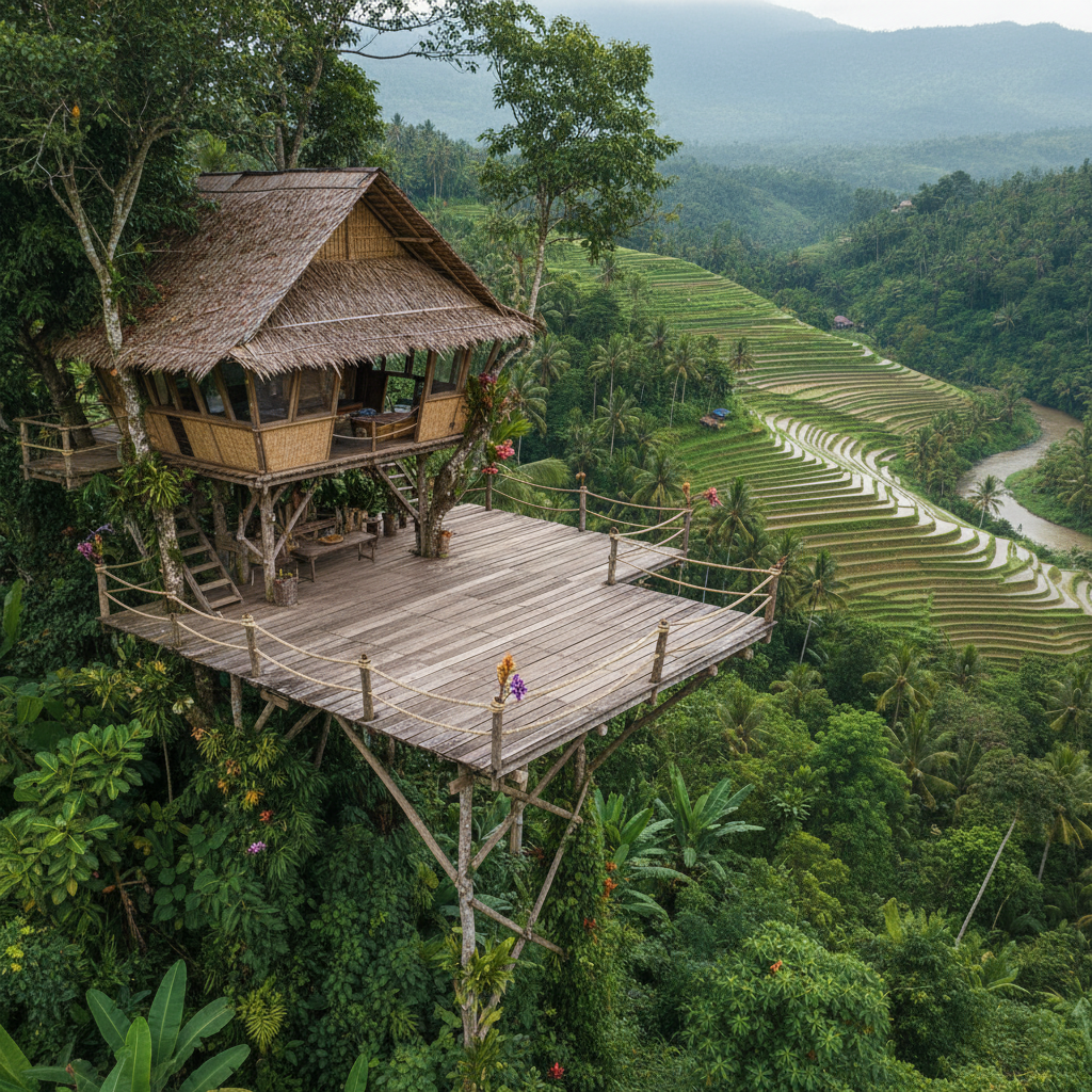 Elevated treehouse villa nestled among tropical palms, wooden platform with hammock, jungle canopy view at dusk