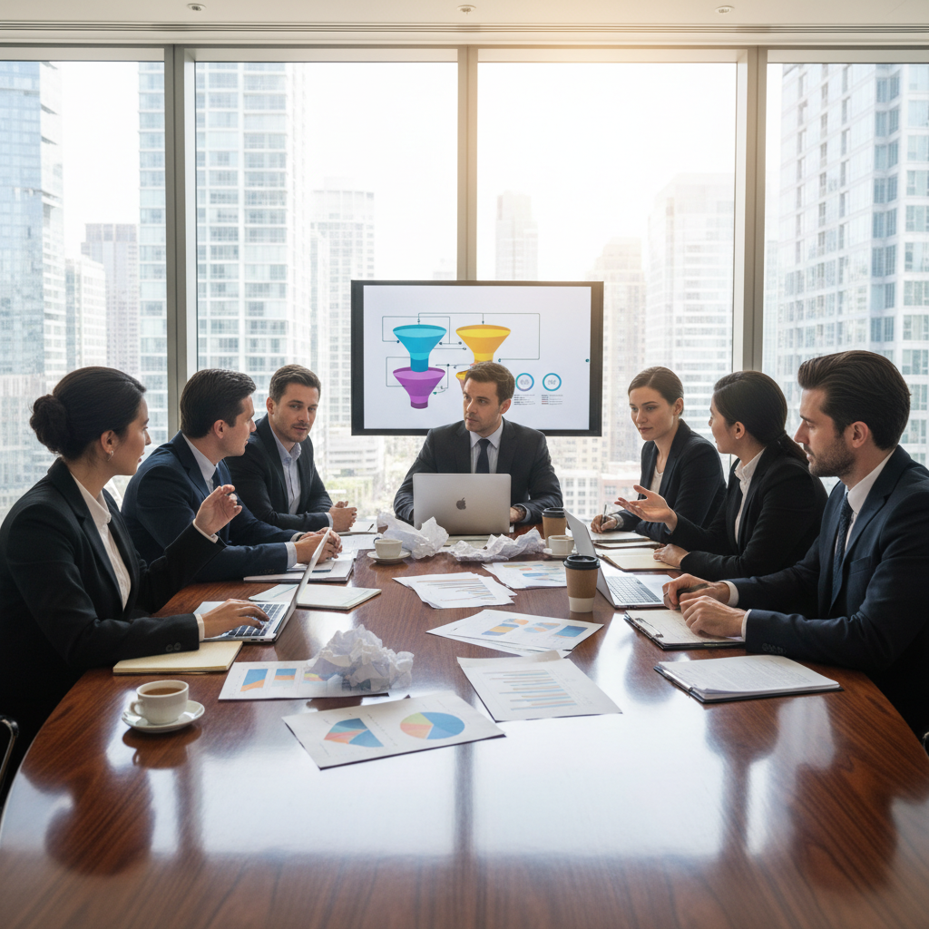 Marketing team reviewing strategy charts and graphs on a conference room table
