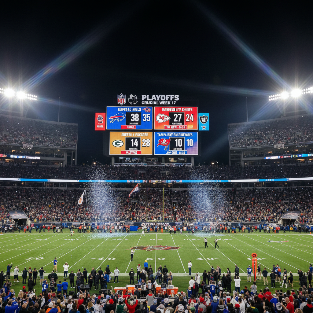 Stadium scoreboard lit up at night during a live game