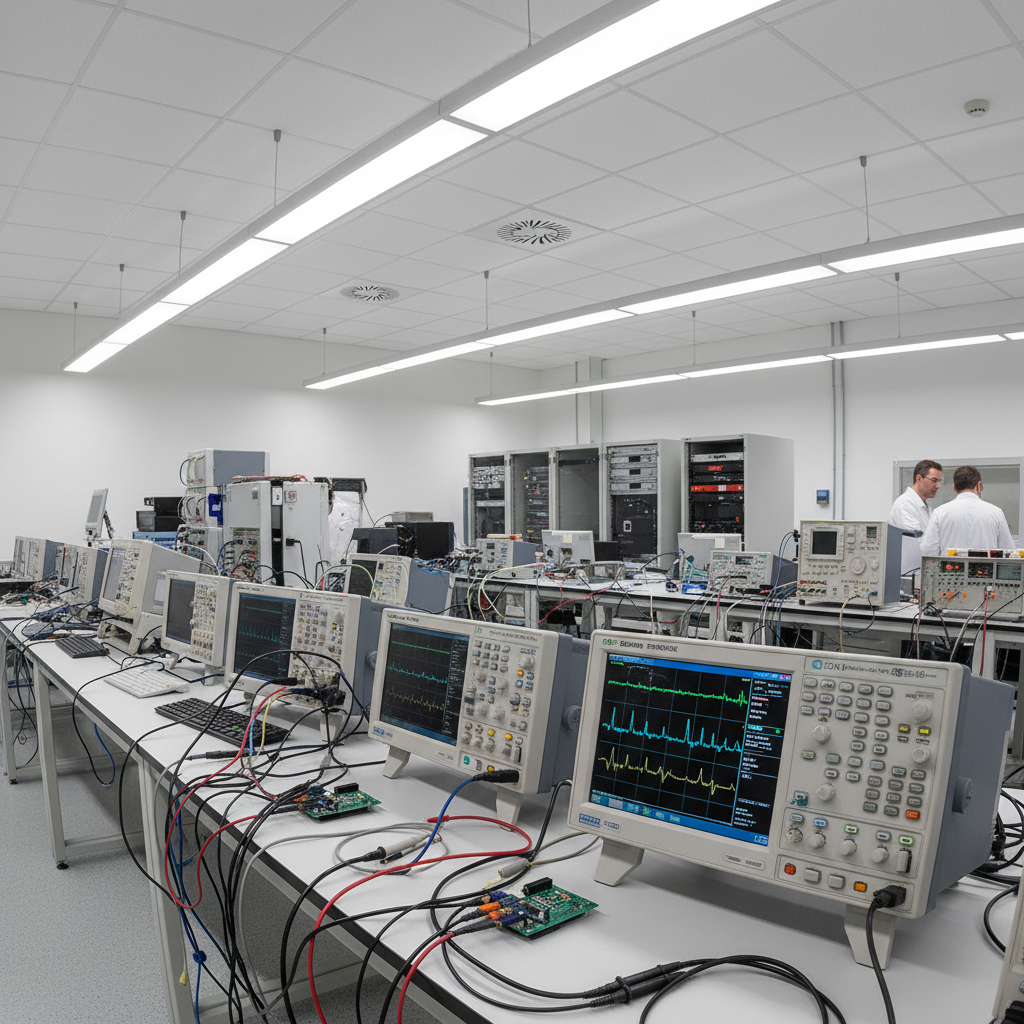 Electronics testing equipment in laboratory environment with oscilloscopes and compliance testing instruments