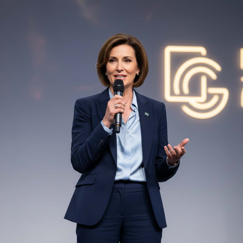 Professional woman presenting to camera in a sleek dark studio environment with dramatic rim lighting