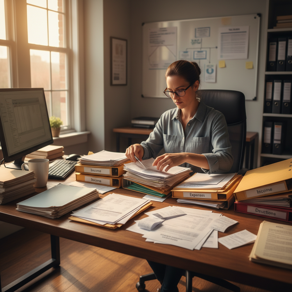 Professional reviewing organized binders and audit documents in an office