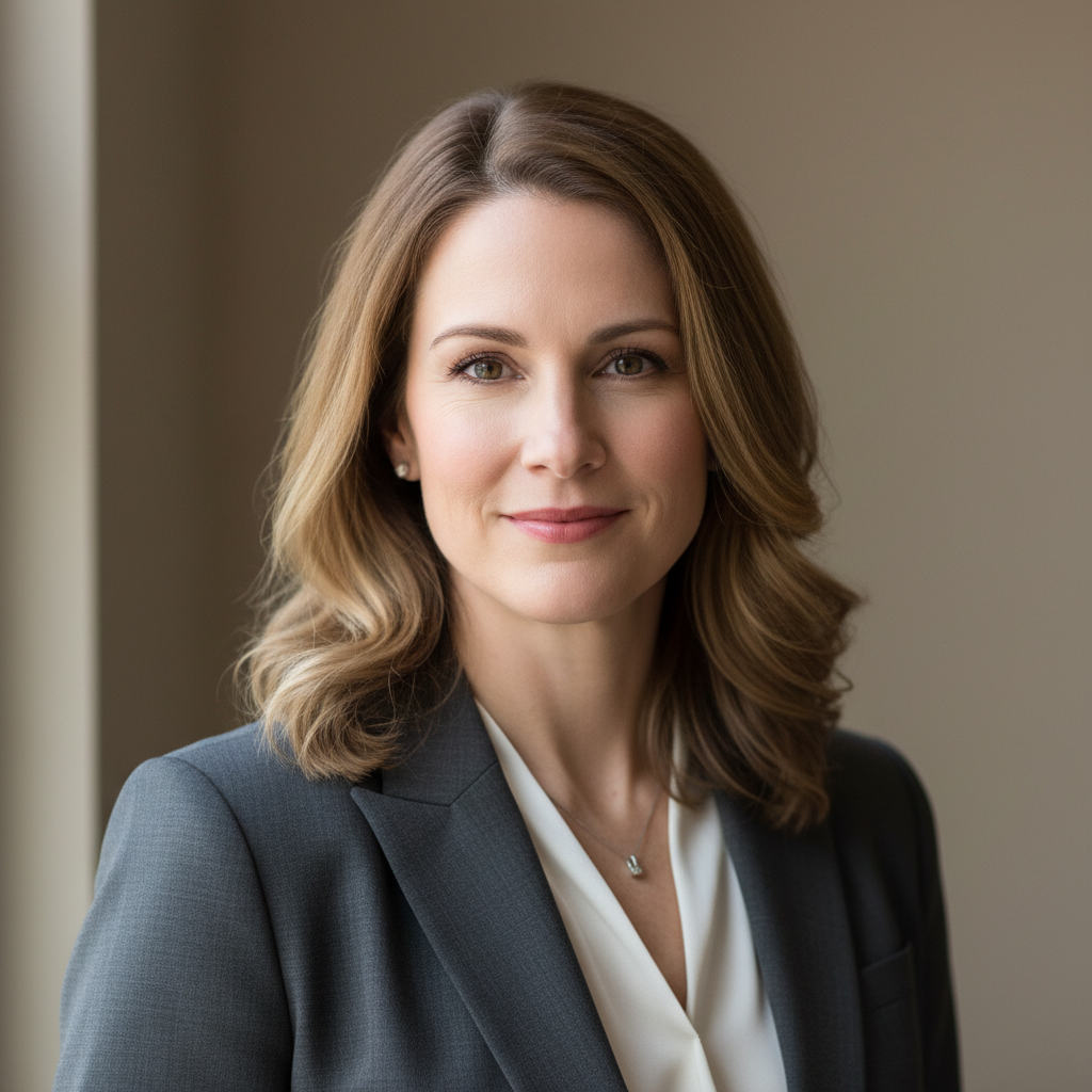 Professional woman with short brown hair in business attire, neutral background