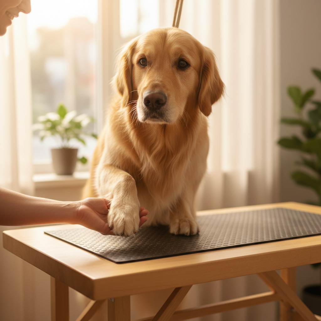Golden retriever dog being cared for by a professional groomer in a bright studio