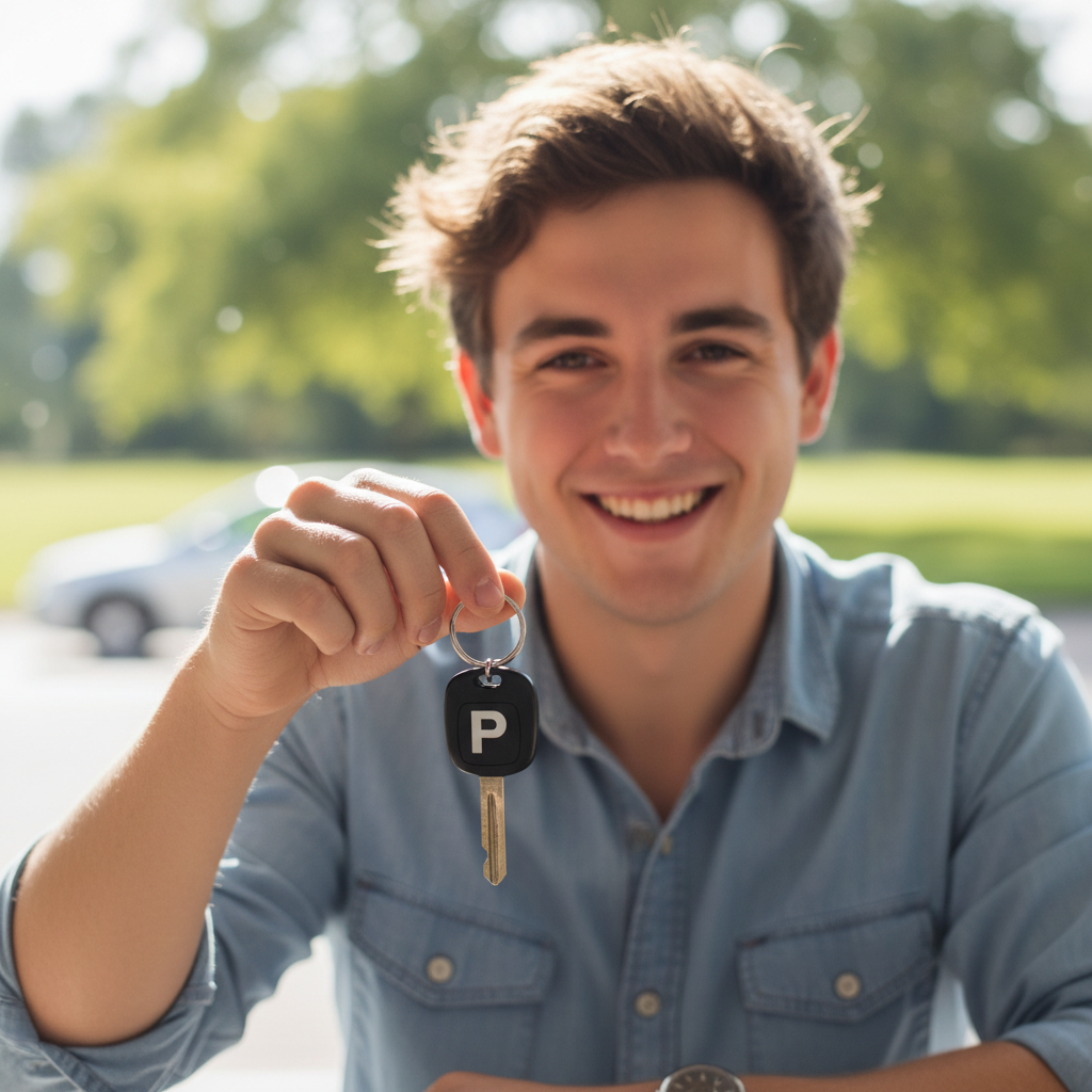 Jordan Mensah, young man in a casual shirt, smiling with car keys in hand after passing his driving test