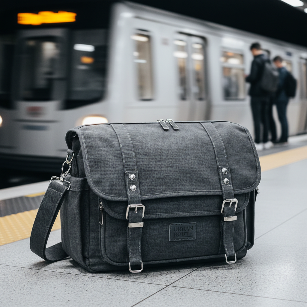 Heavy canvas commuter bag with polished chrome hardware on a subway platform