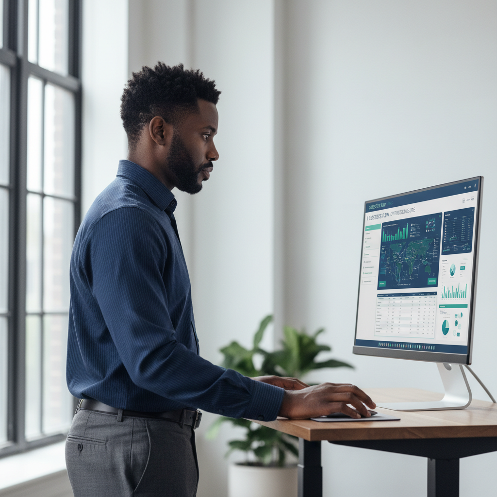 Jerome Tatum, a Black man in his late 30s, standing at a standing desk reviewing logistics software on a large monitor