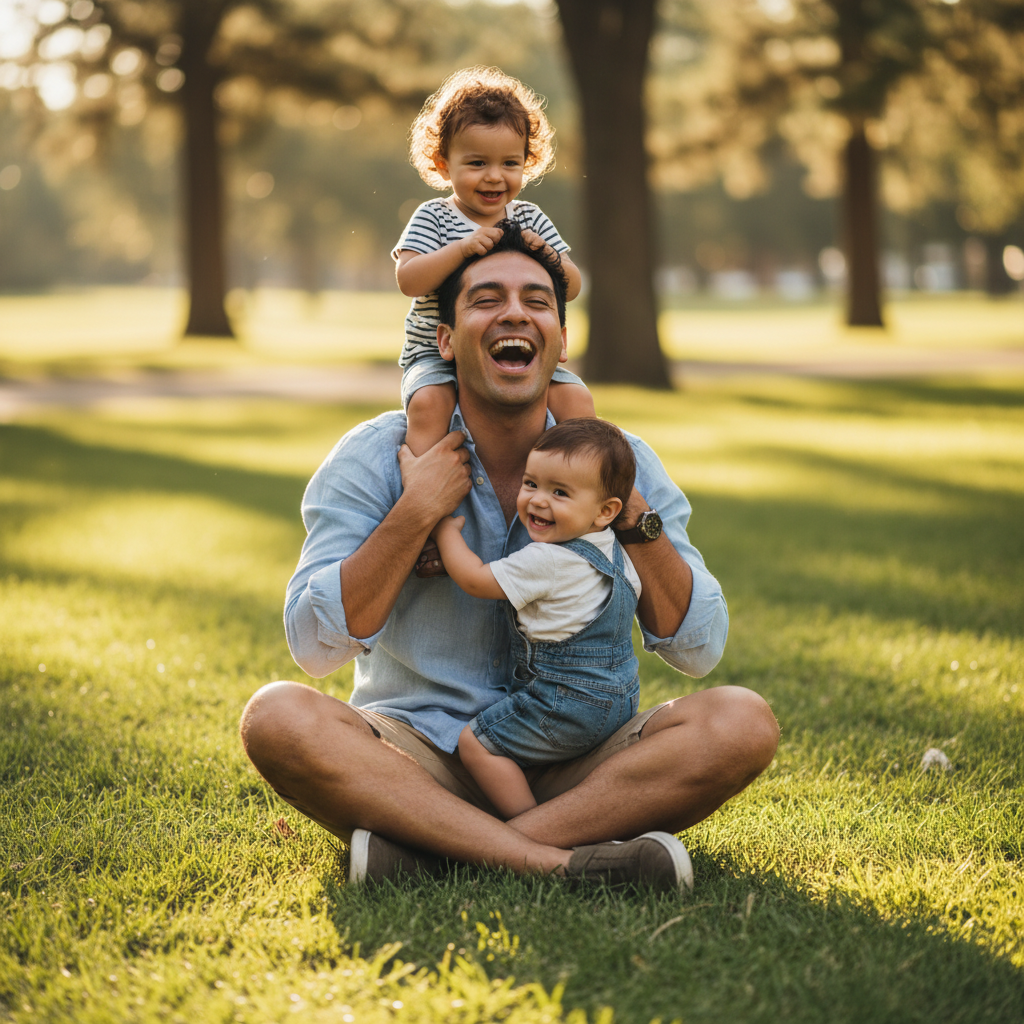 Laughing Latino man in casual clothes sitting on grass with two toddlers climbing on him