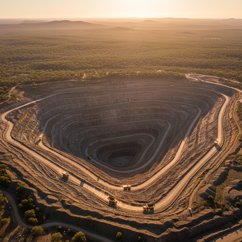 Aerial view of open-pit mine at golden hour with concentric terraced benches descending into earth, haul trucks on switchback roads, native bushland at horizon
