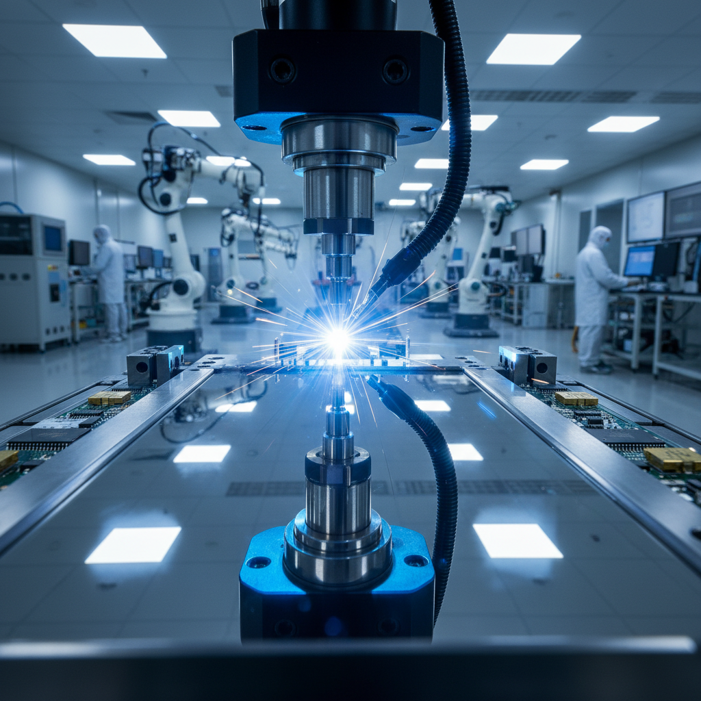 Precision electronics welding production floor with micro-weld in progress, blue-white arc reflected in polished fixture
