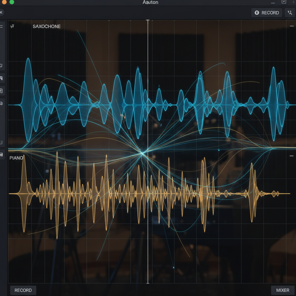 Digital audio workstation mastering session with waveforms on screen in dark studio