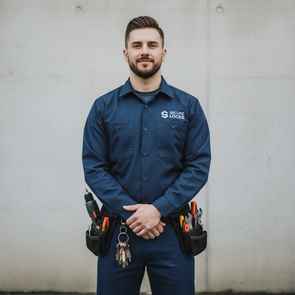 Marcus Delgado, locksmith technician in uniform, confident expression, neutral background