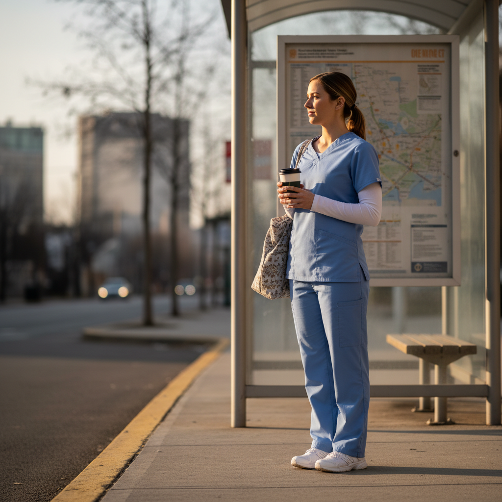 Nurse in scrubs standing at a bus stop in early morning light