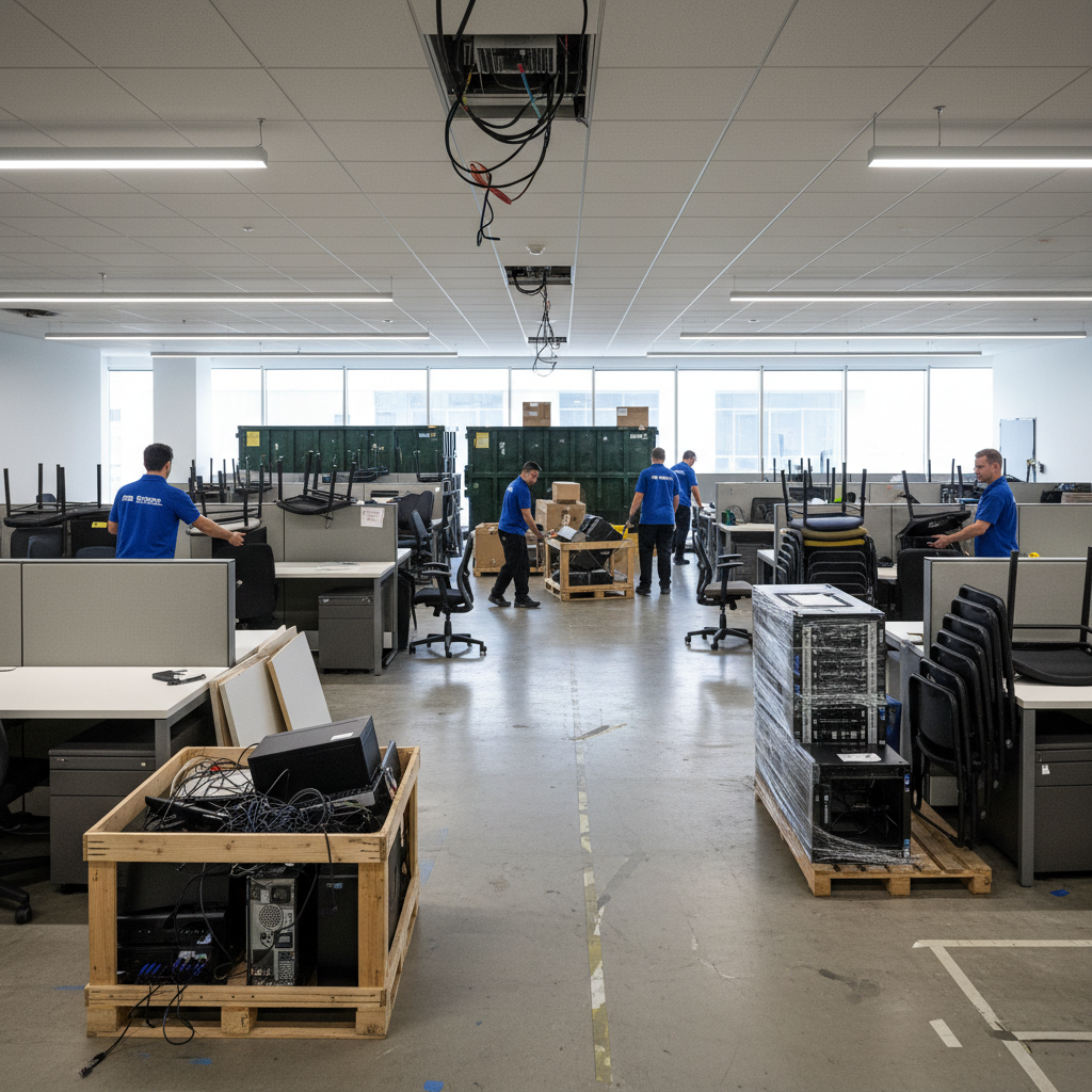 Professional team collecting corporate IT equipment from an office