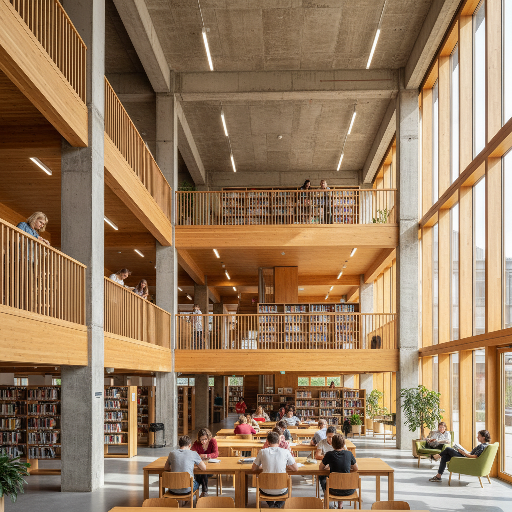Completed library interior showing new timber gallery inserted within retained concrete frame, readers visible