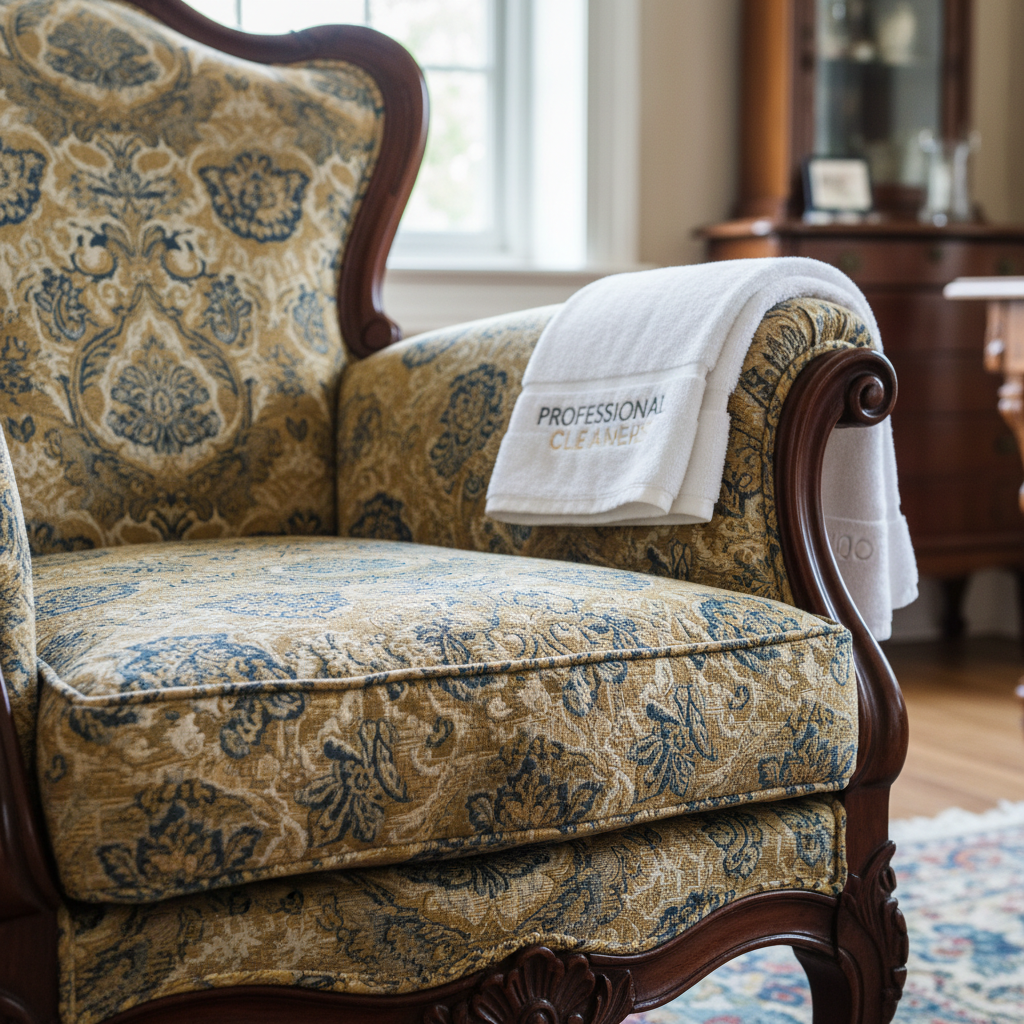 Clean vintage upholstered chair after professional cleaning treatment
