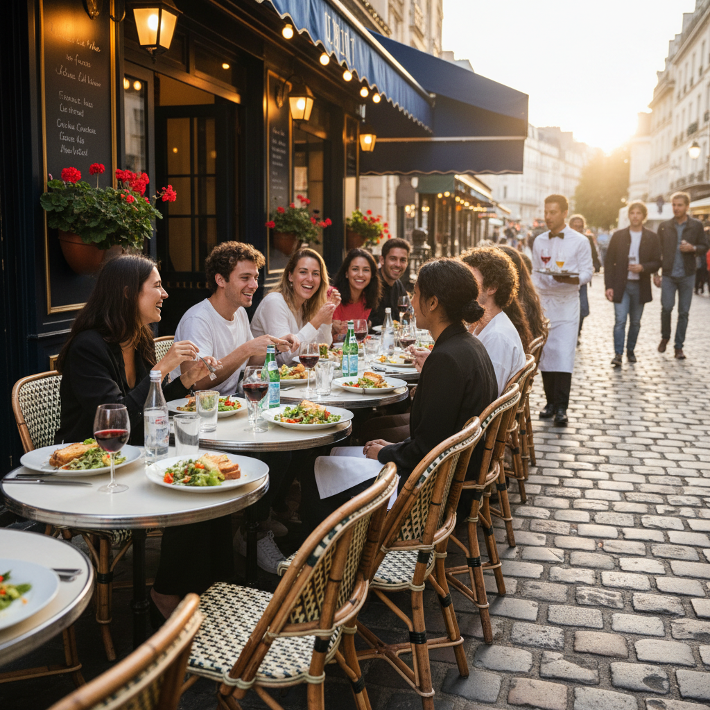 Students enjoying a meal together at a French café terrace, outdoor seating, warm evening light, lively social atmosphere