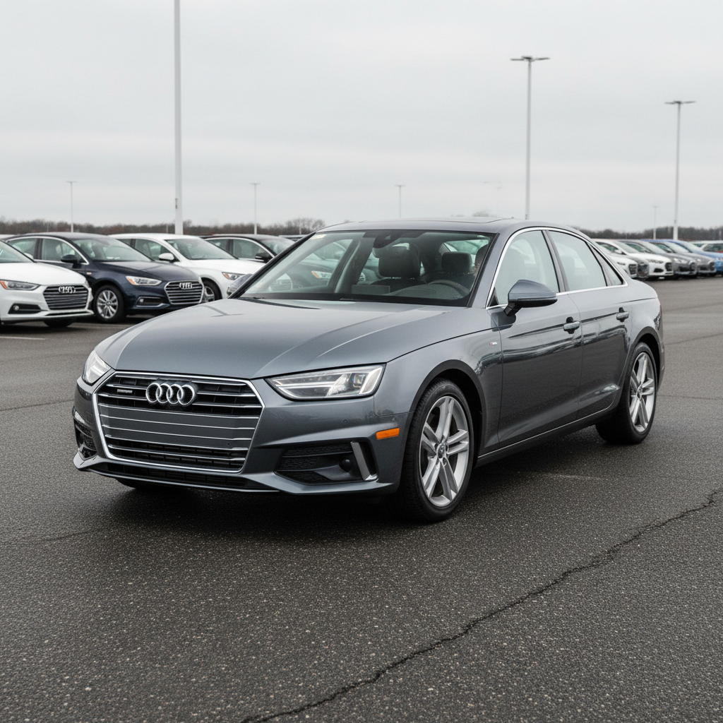 Audi A4 sedan in dark grey, dynamic side profile on empty road, overcast sky