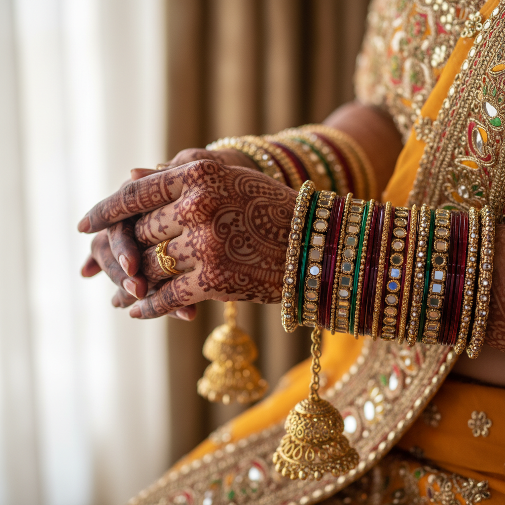 Close-up of intricate bridal Arabic mehndi design on hands, warm amber tones, detailed floral patterns