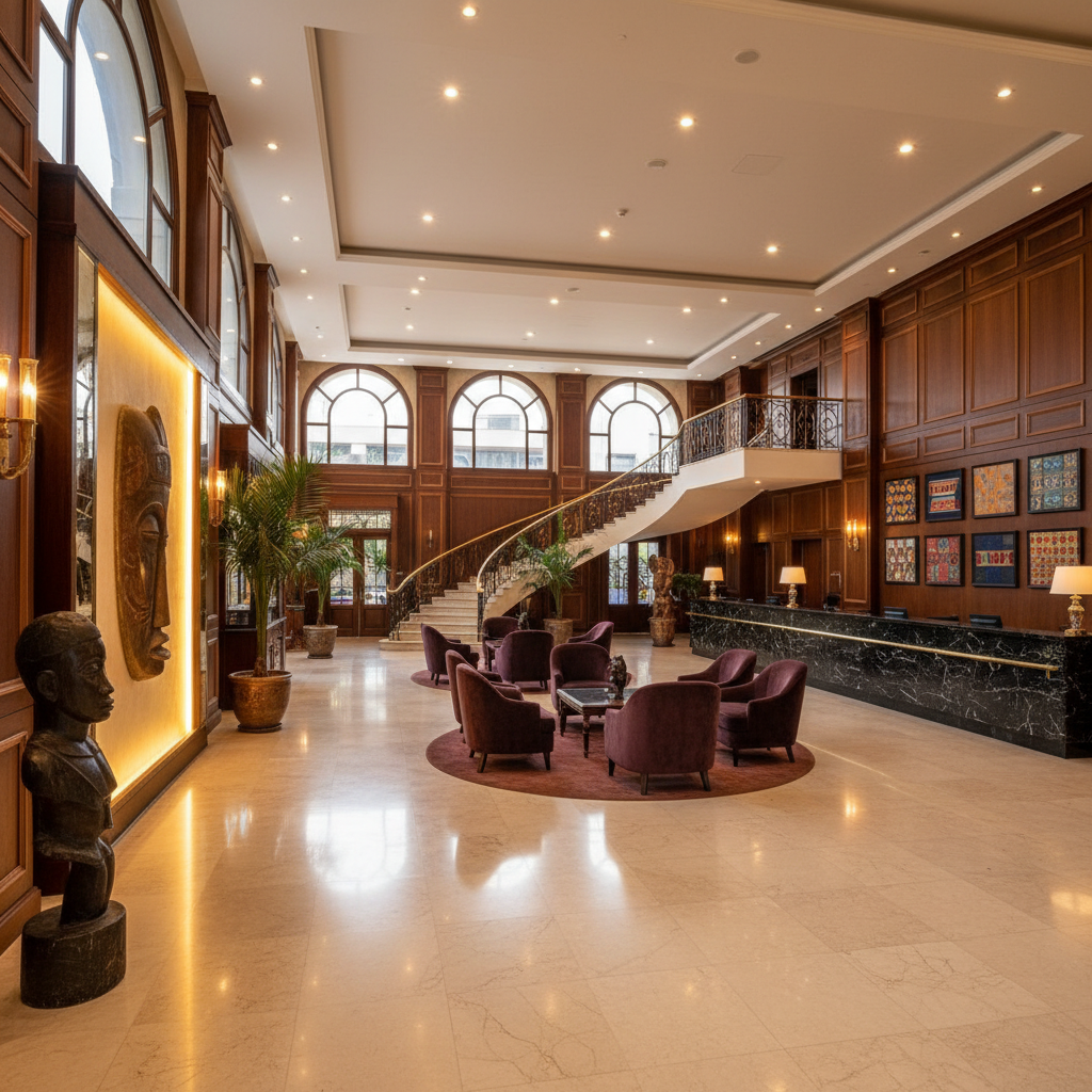 Grand colonial hotel lobby with marble floors and high ceilings in Harare