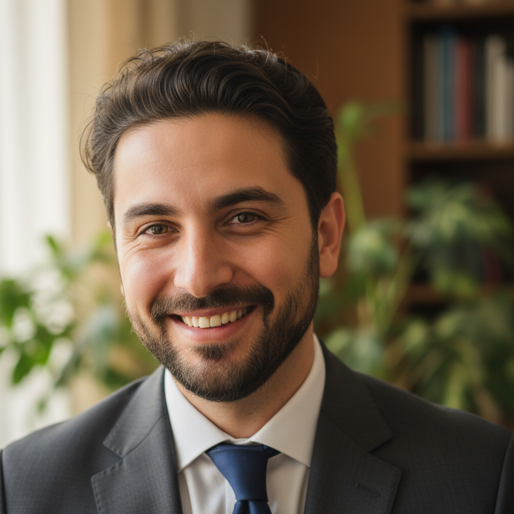 Professional man with beard smiling, office background, casual professional attire