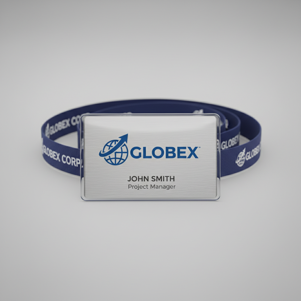 Conference badge lanyard on desk at professional event