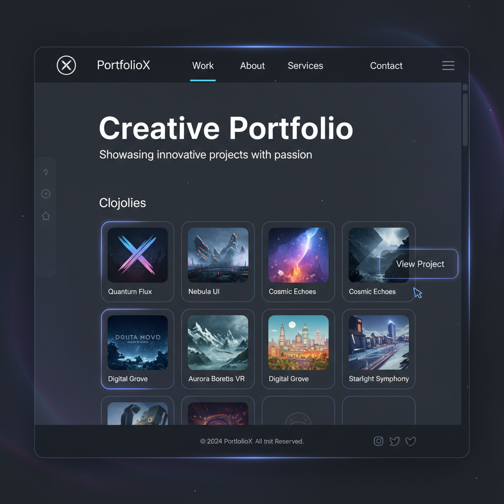 Portfolio website showing creative work on a modern dark interface