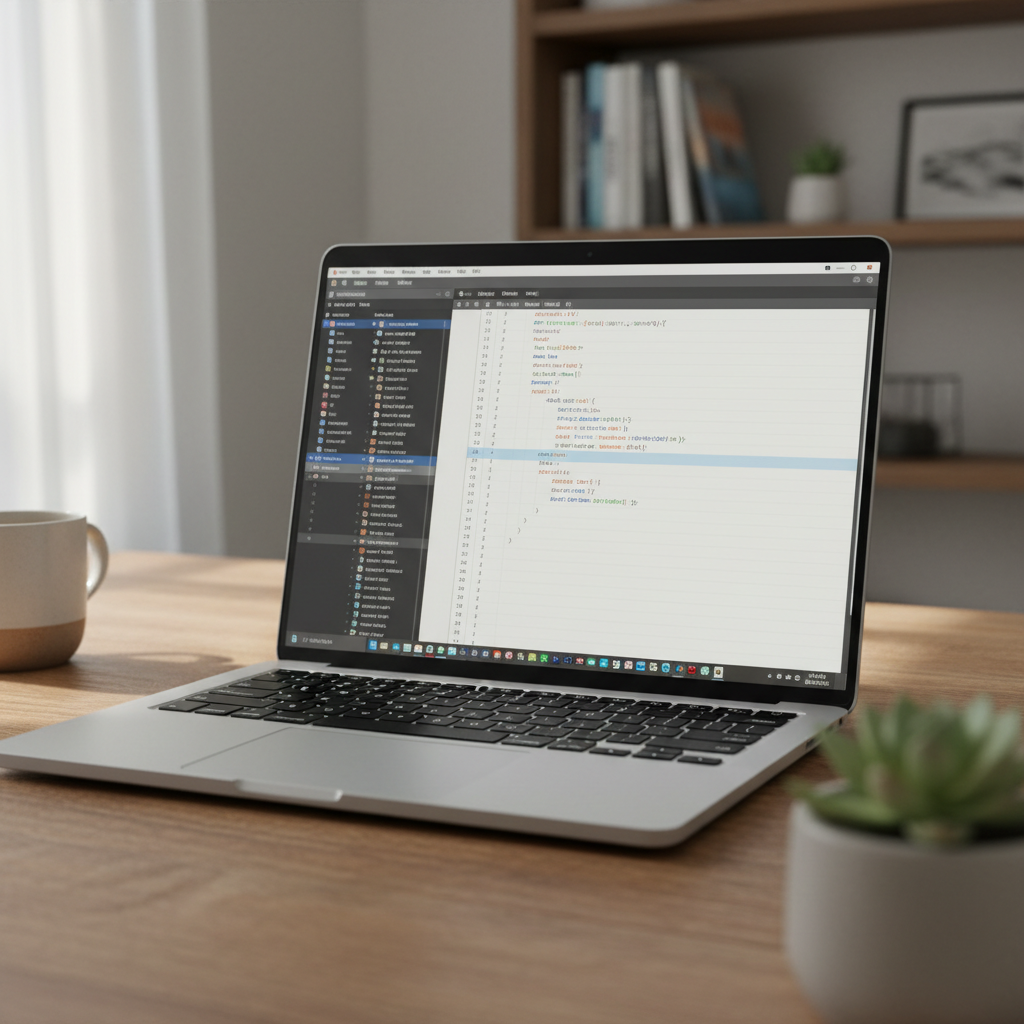Laptop with clean code editor open, modern web development workspace, dark theme IDE