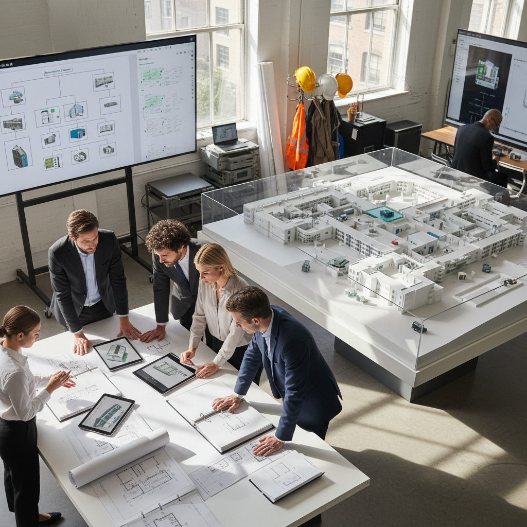 Modern hospital construction site with architectural blueprints and project management team coordinating facility development