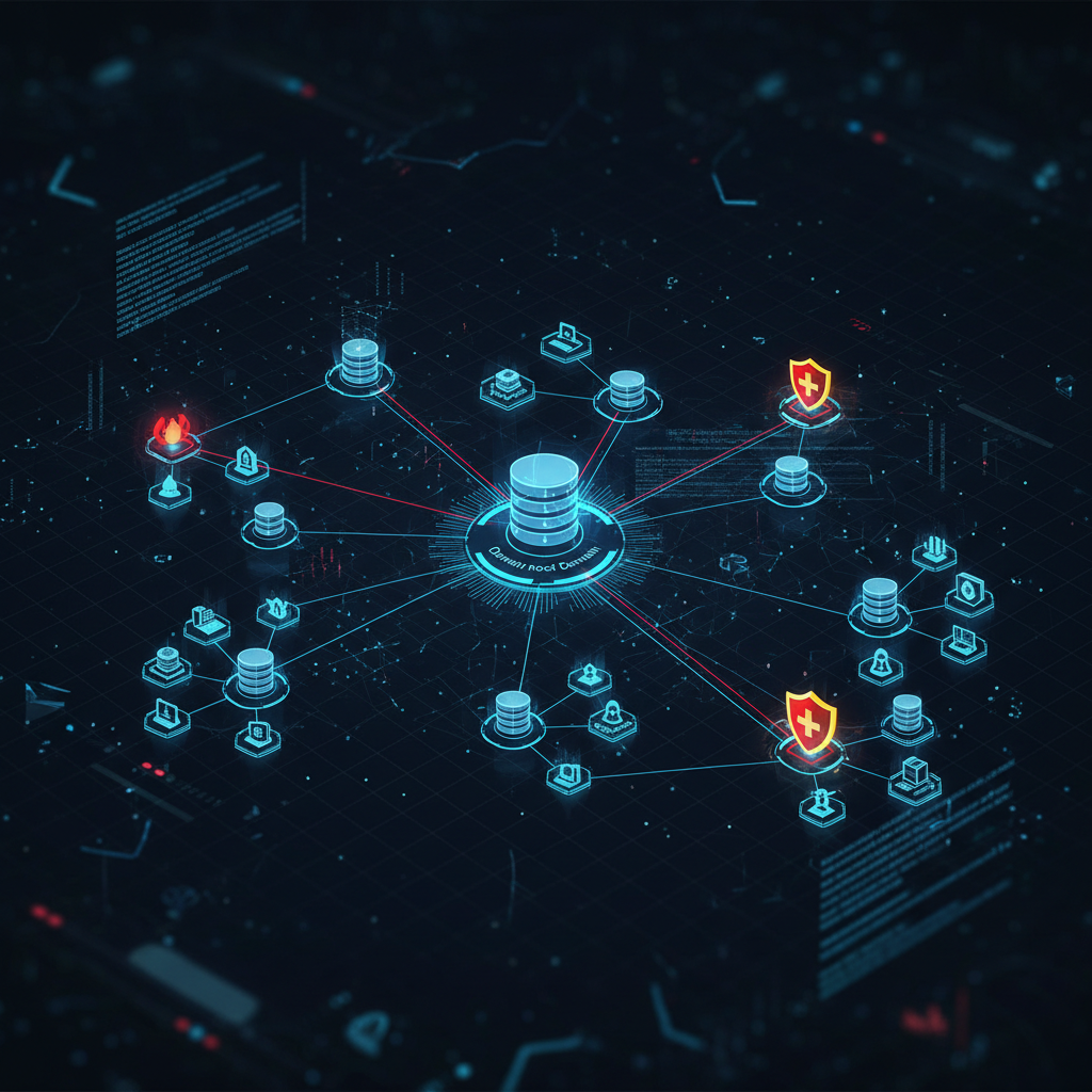 Abstract network of connected data nodes representing secure digital infrastructure