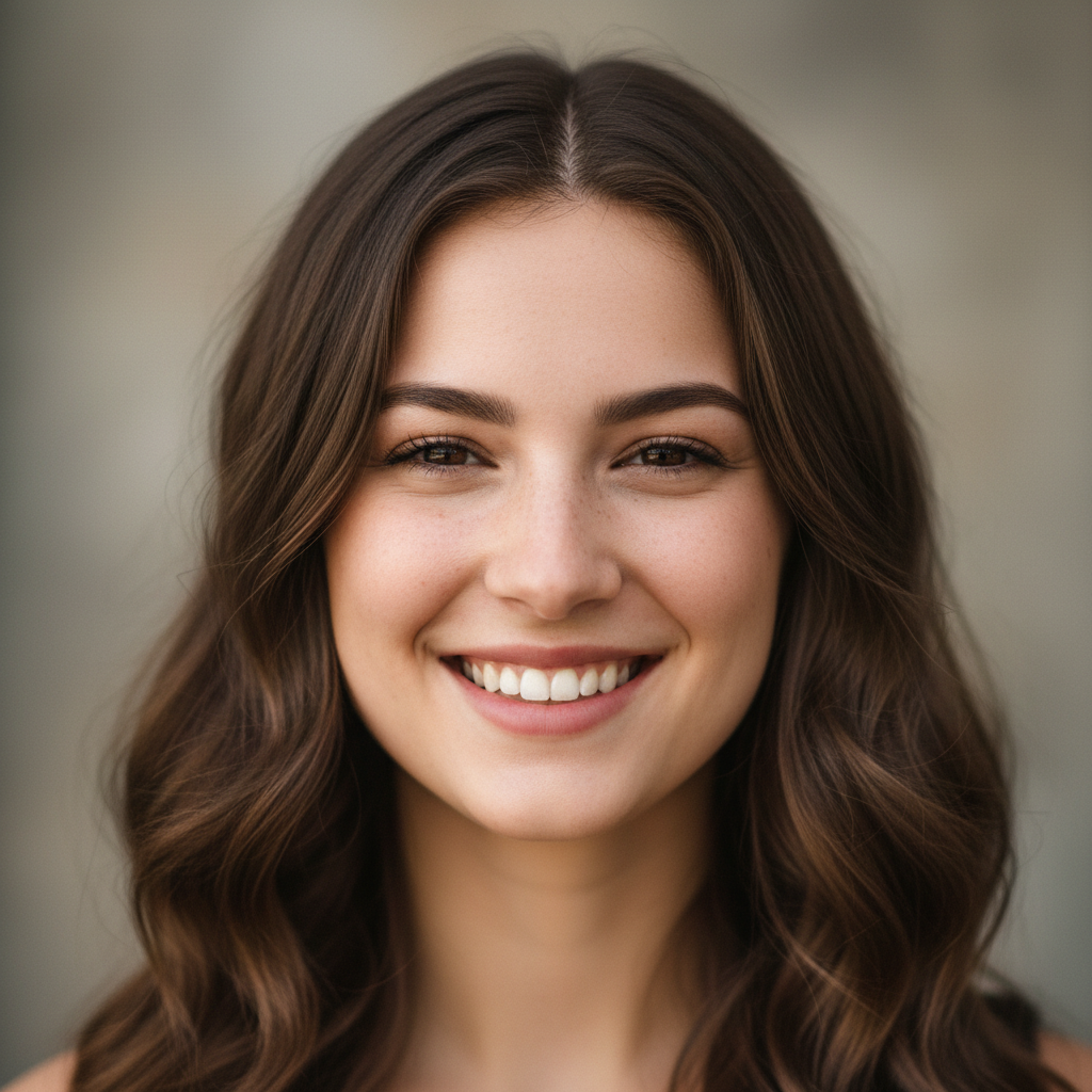 Professional woman with glasses and brown hair in business attire smiling at camera