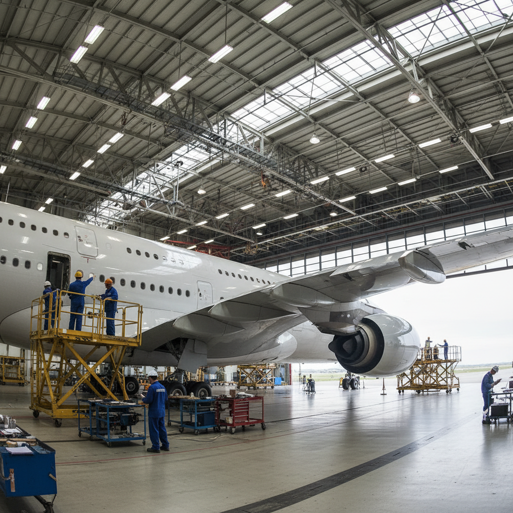 Commercial Airbus aircraft in maintenance hangar with engineers inspecting fuselage