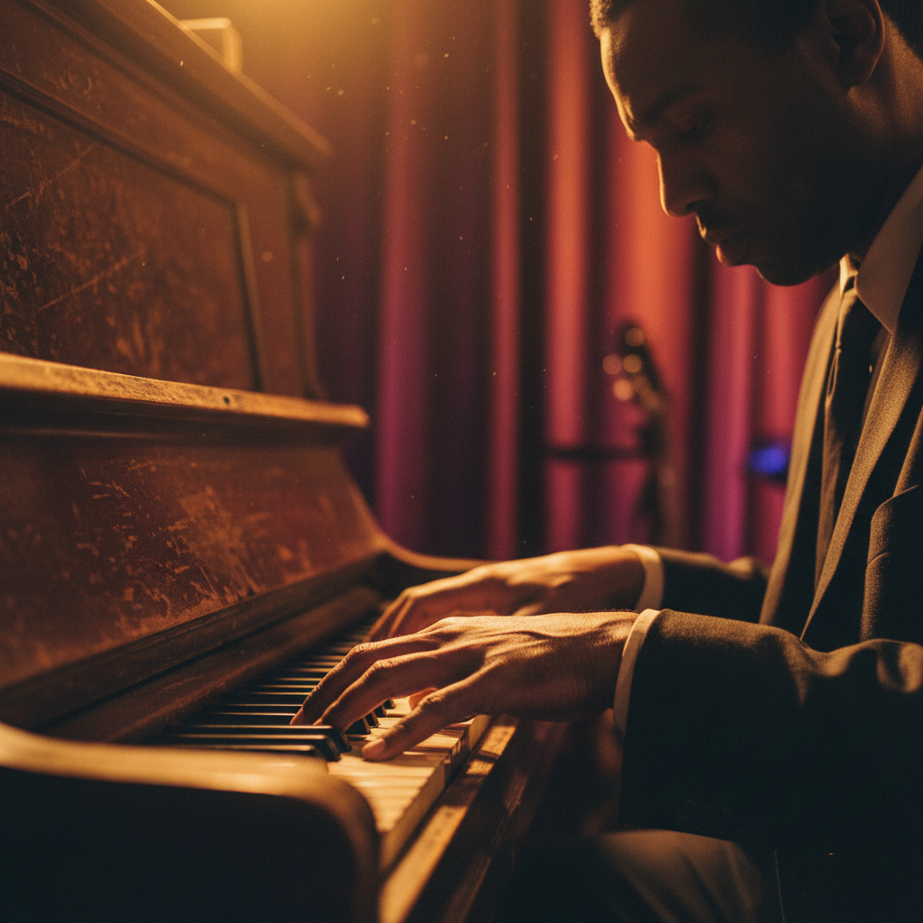 Marcus Webb, jazz pianist with hands on keys of a weathered upright piano under warm stage light, black and white portrait