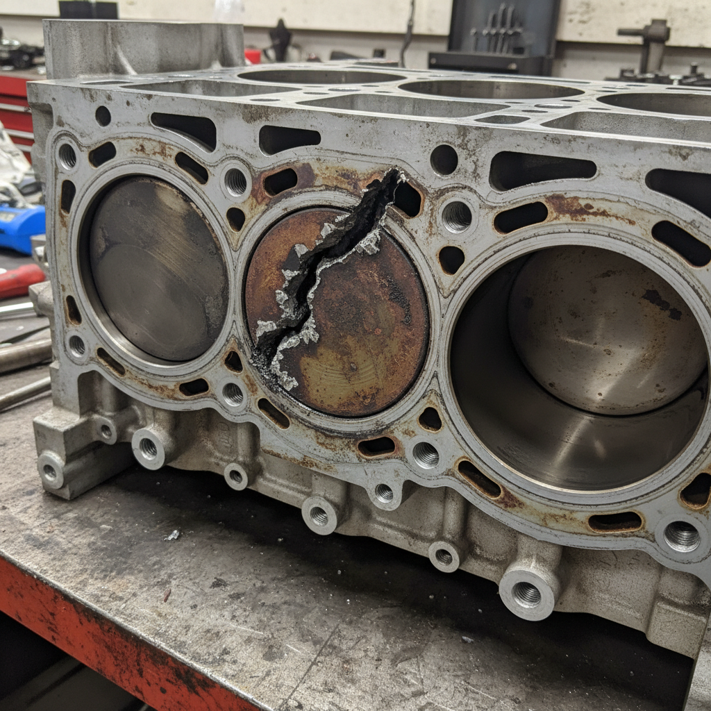 Cylinder head removed showing EGR erosion channel between cylinders 4 and 5