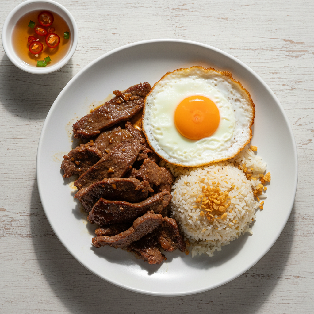 Filipino eggplant omelette tortang talong on white plate with rice, bright morning light, budget almusal