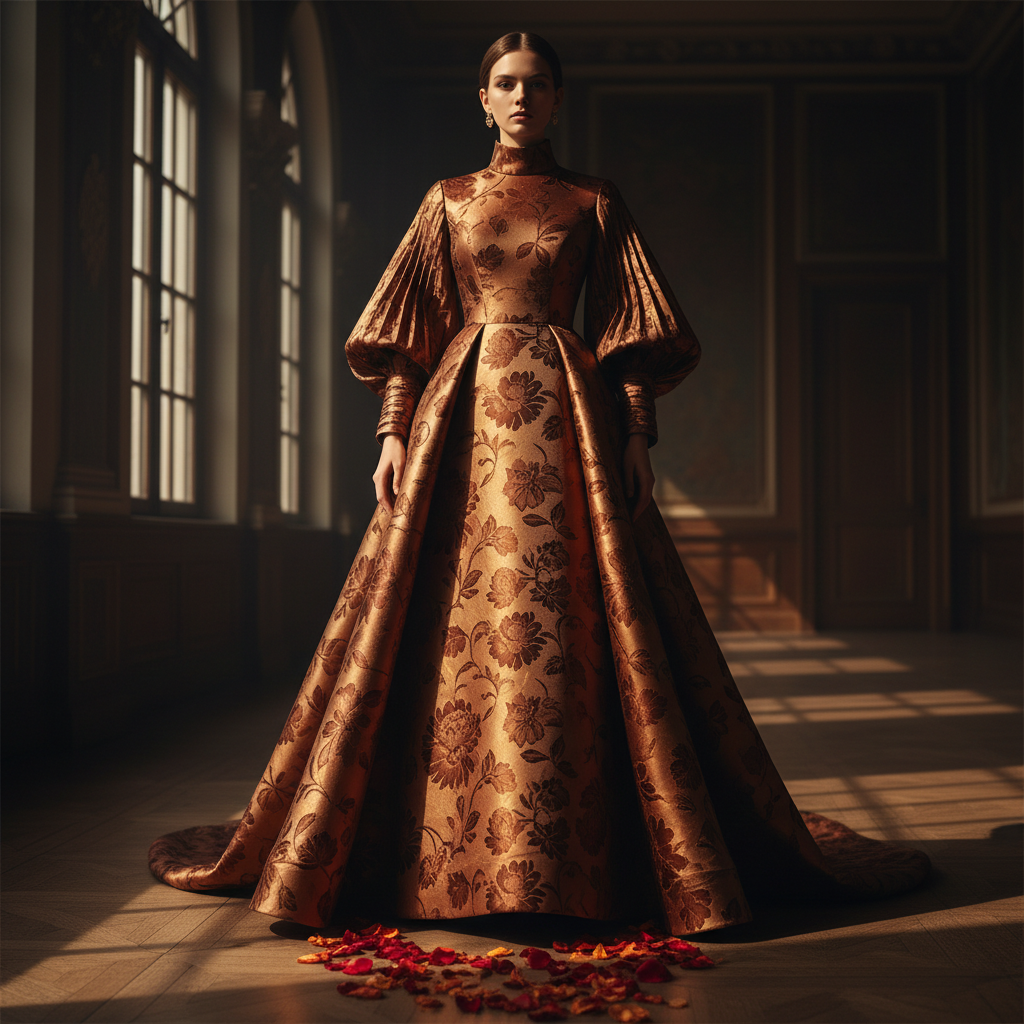 Silk jacquard gown in bronze ember with woven floral pattern visible in raking light, structured A-line silhouette