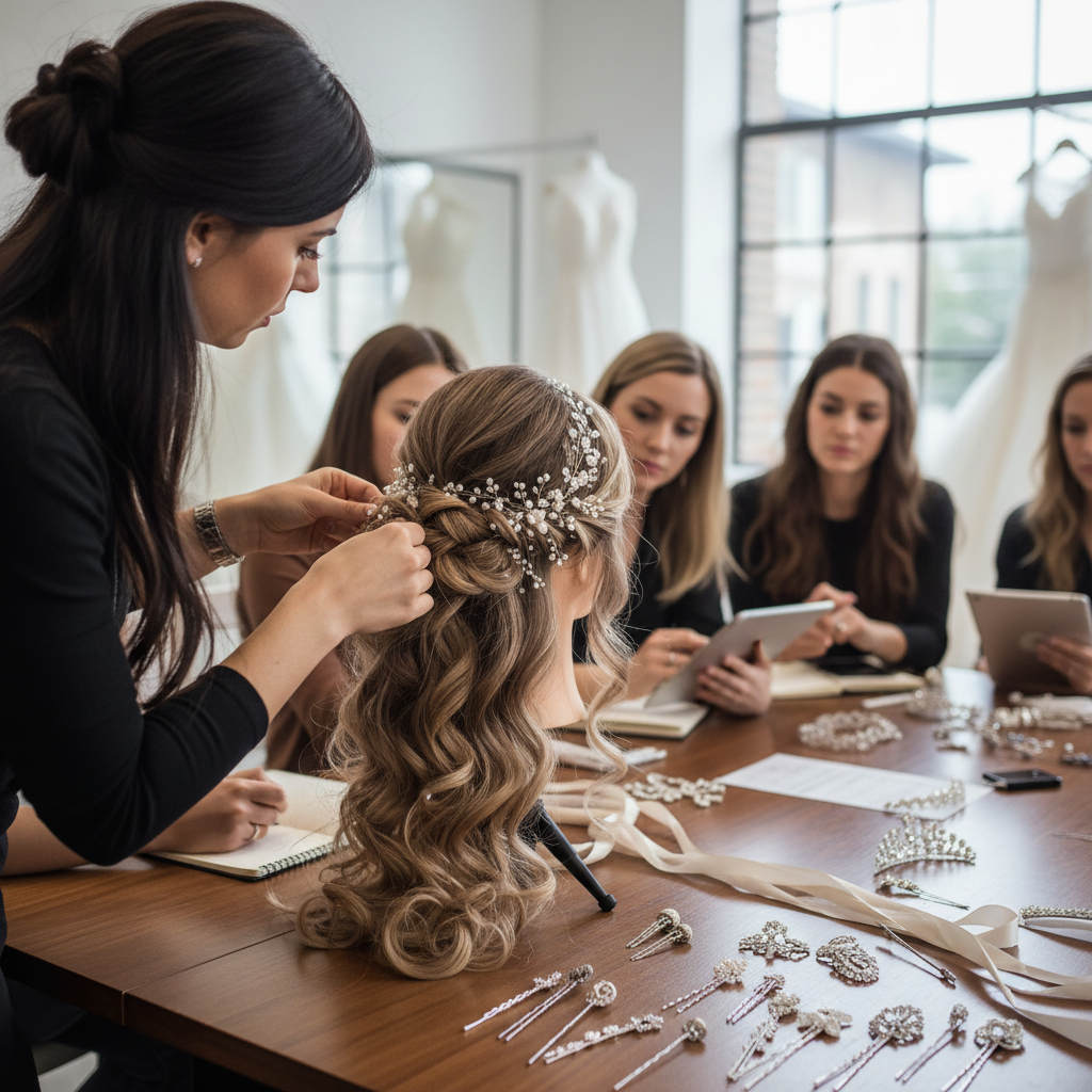 Hair styling student working on elegant updo hairstyle in professional salon