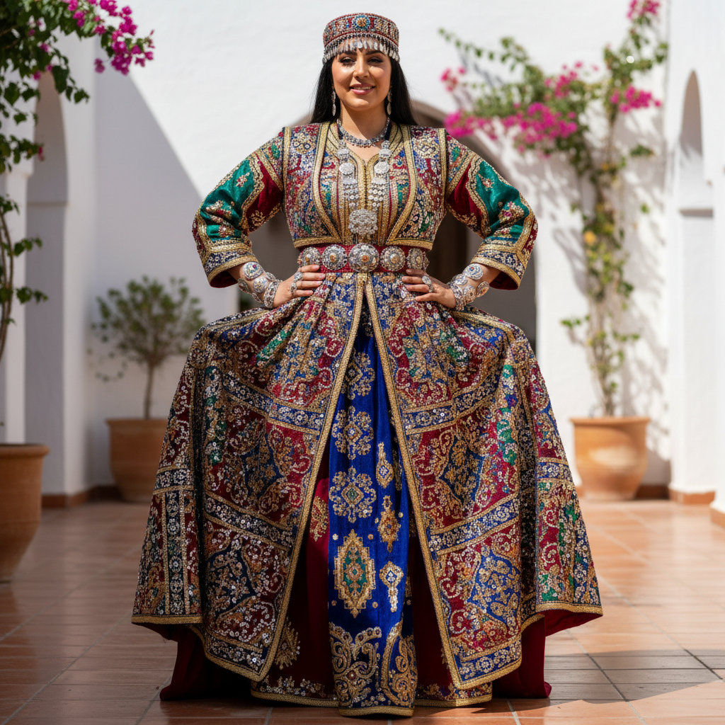 Femme en robe bleue élégante, mode féminine algérienne