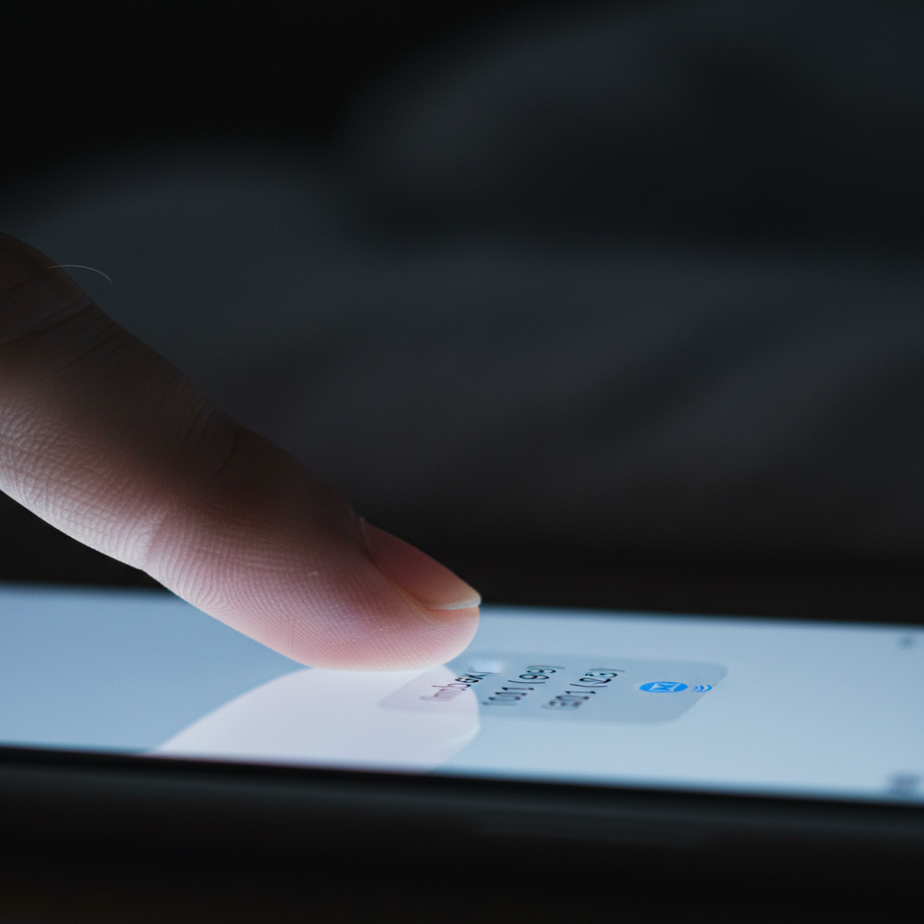 Fingertip hovering over a glowing smartphone notification screen in darkness, inbox count climbing