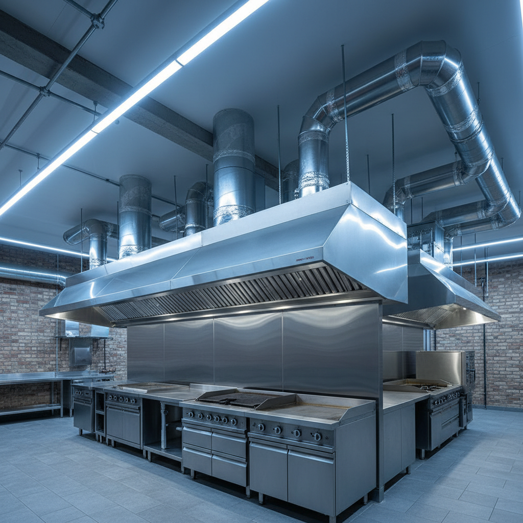 New commercial exhaust hood installation in restaurant kitchen with stainless steel ductwork and LED strip lighting