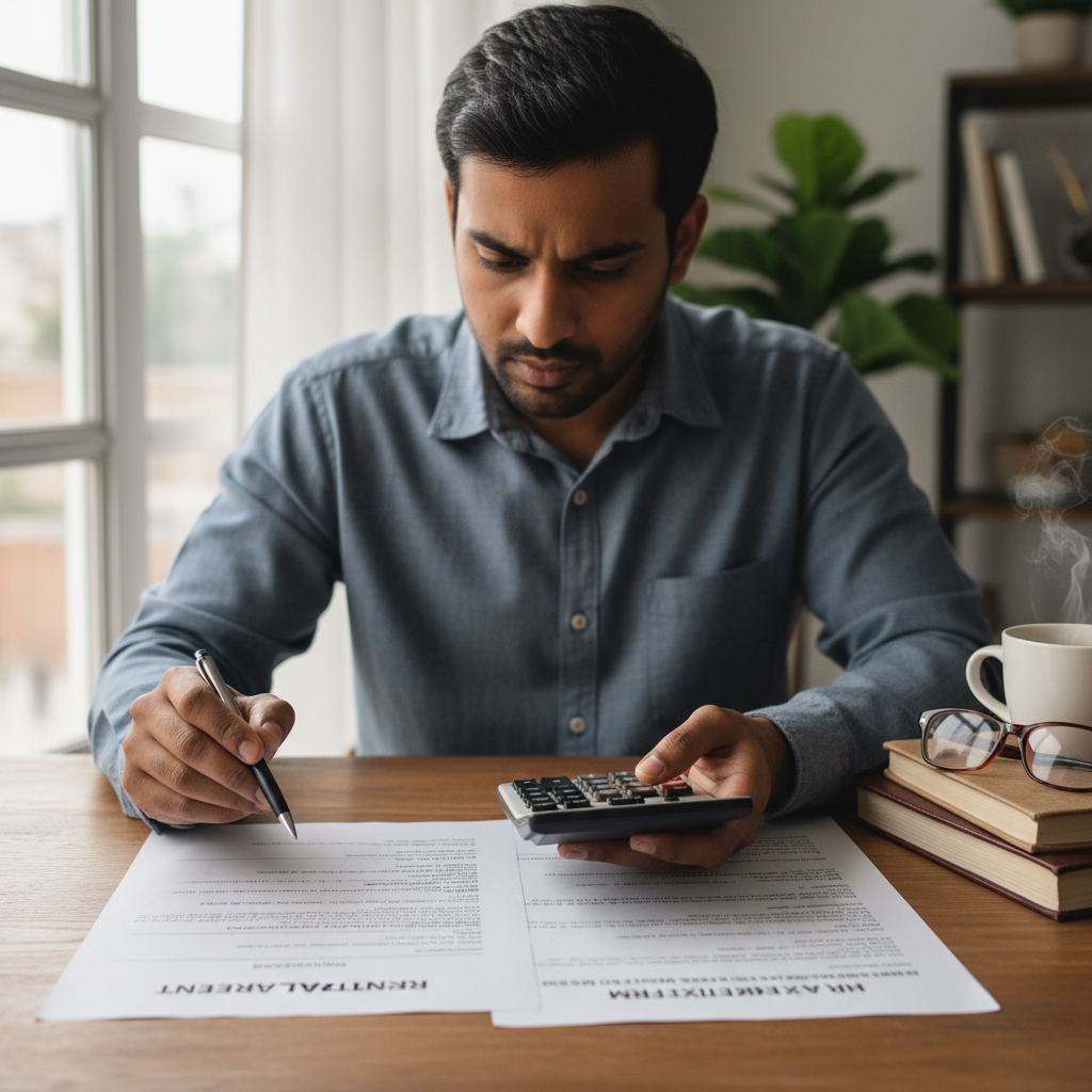 Indian tax documents and calculator on a desk, financial planning for NRI property investment