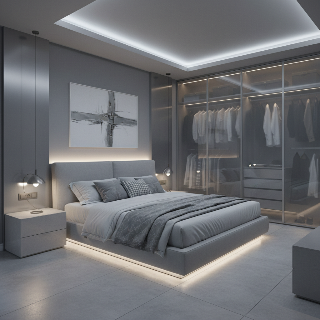Modern bedroom with wooden wardrobe, wall panelling, and soft ambient lighting creating a cozy warm atmosphere