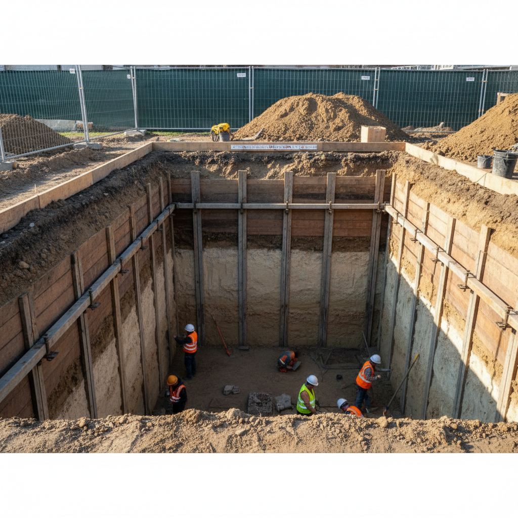 Deep foundation excavation at industrial park, multiple excavators working in trenches, dark earthen walls