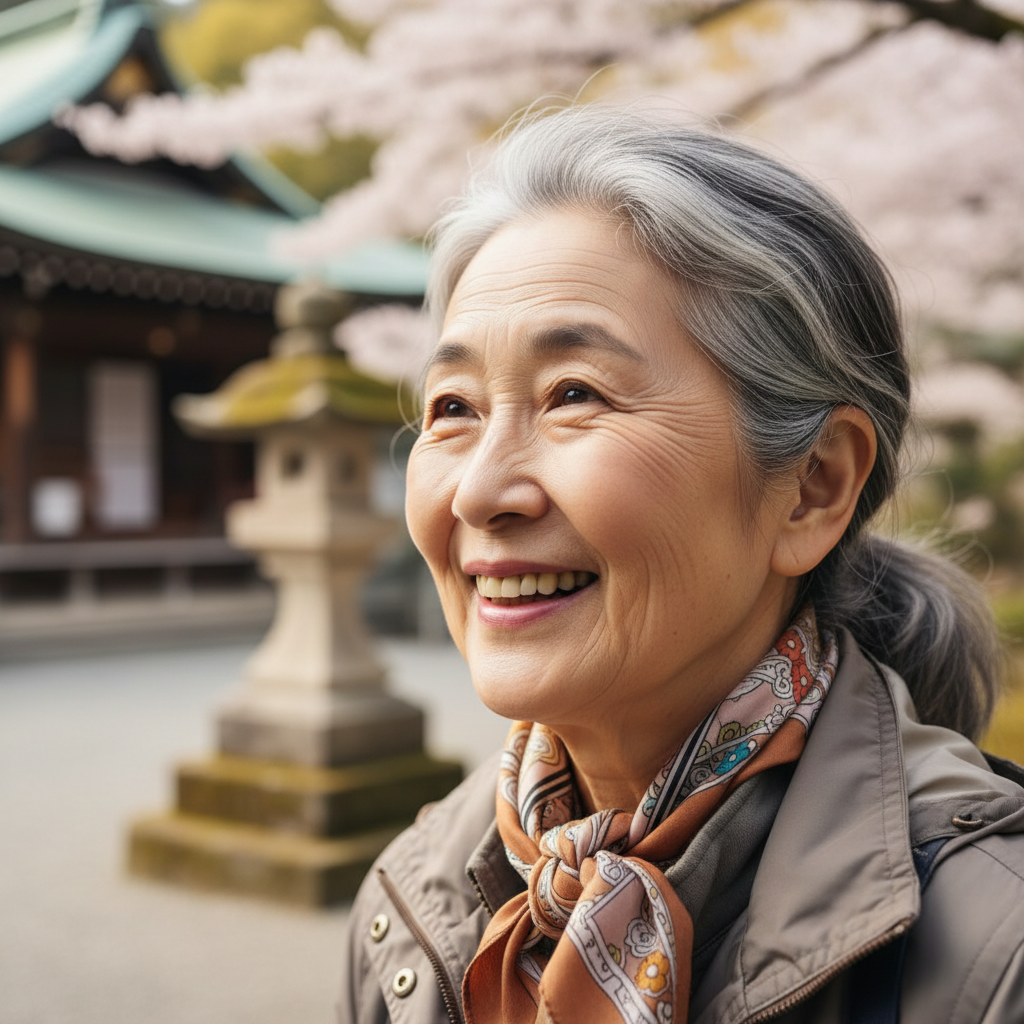 Yuki smiling warmly in a Japanese garden
