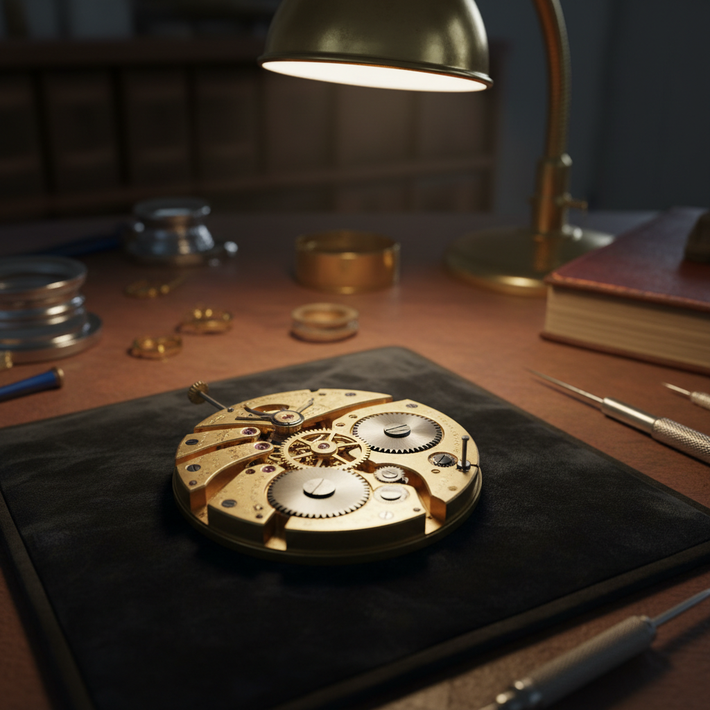 Vintage watch movement with intricate gears exposed under jeweler lamp