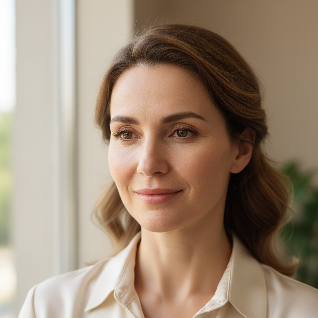 Margaret, 42, honest studio portrait showing refined skin texture after three PRP sessions, day thirty result