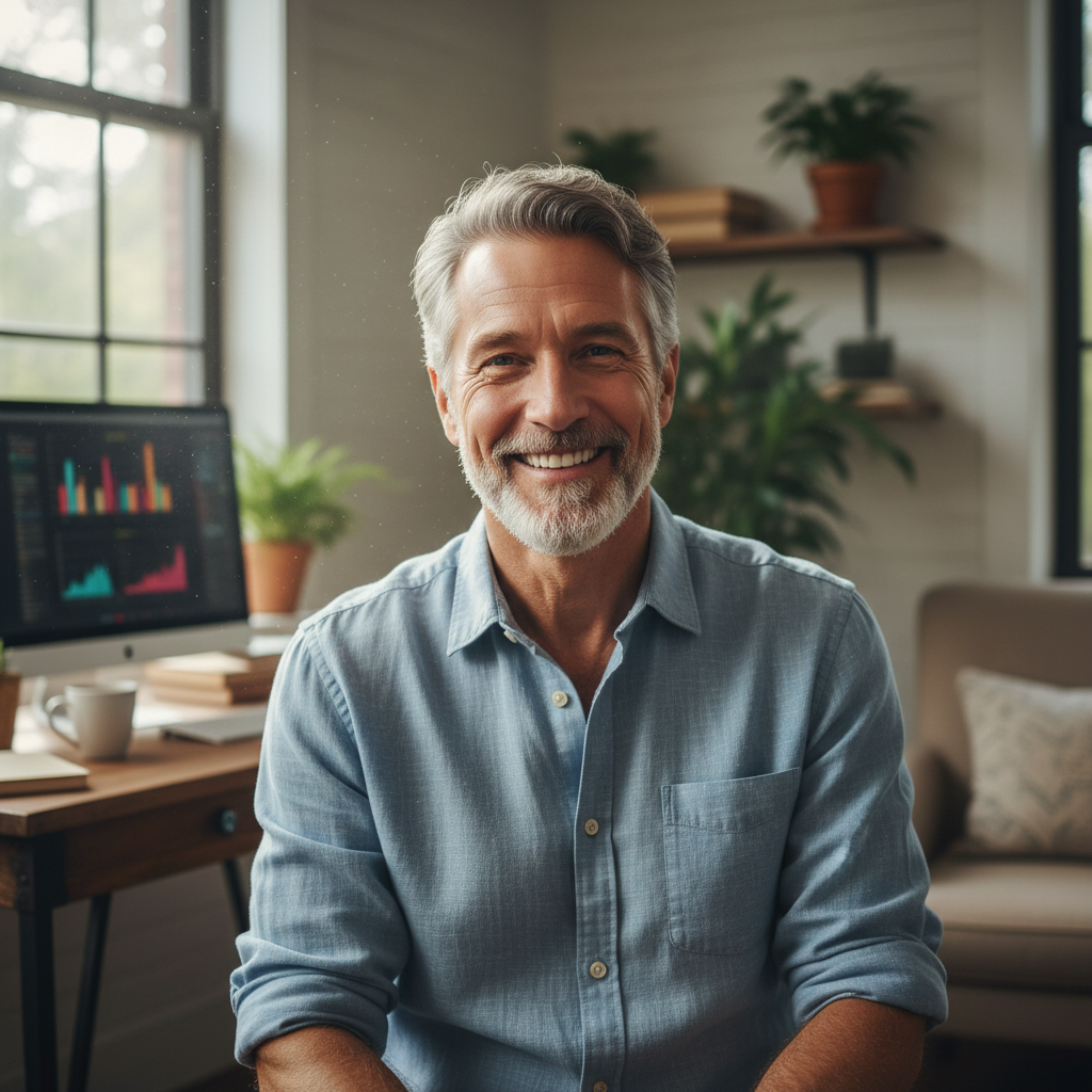 Caucasian man with glasses and casual shirt in home office