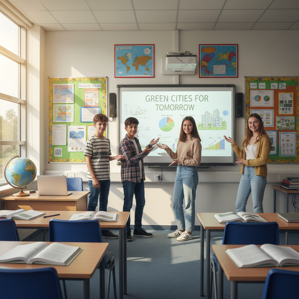 Pre-teen students presenting their community research project on a poster board to classmates in a bright classroom