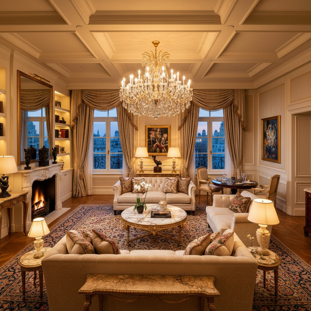 Royal suite with luxurious furnishings, chandelier, opulent decor, bright spacious interior