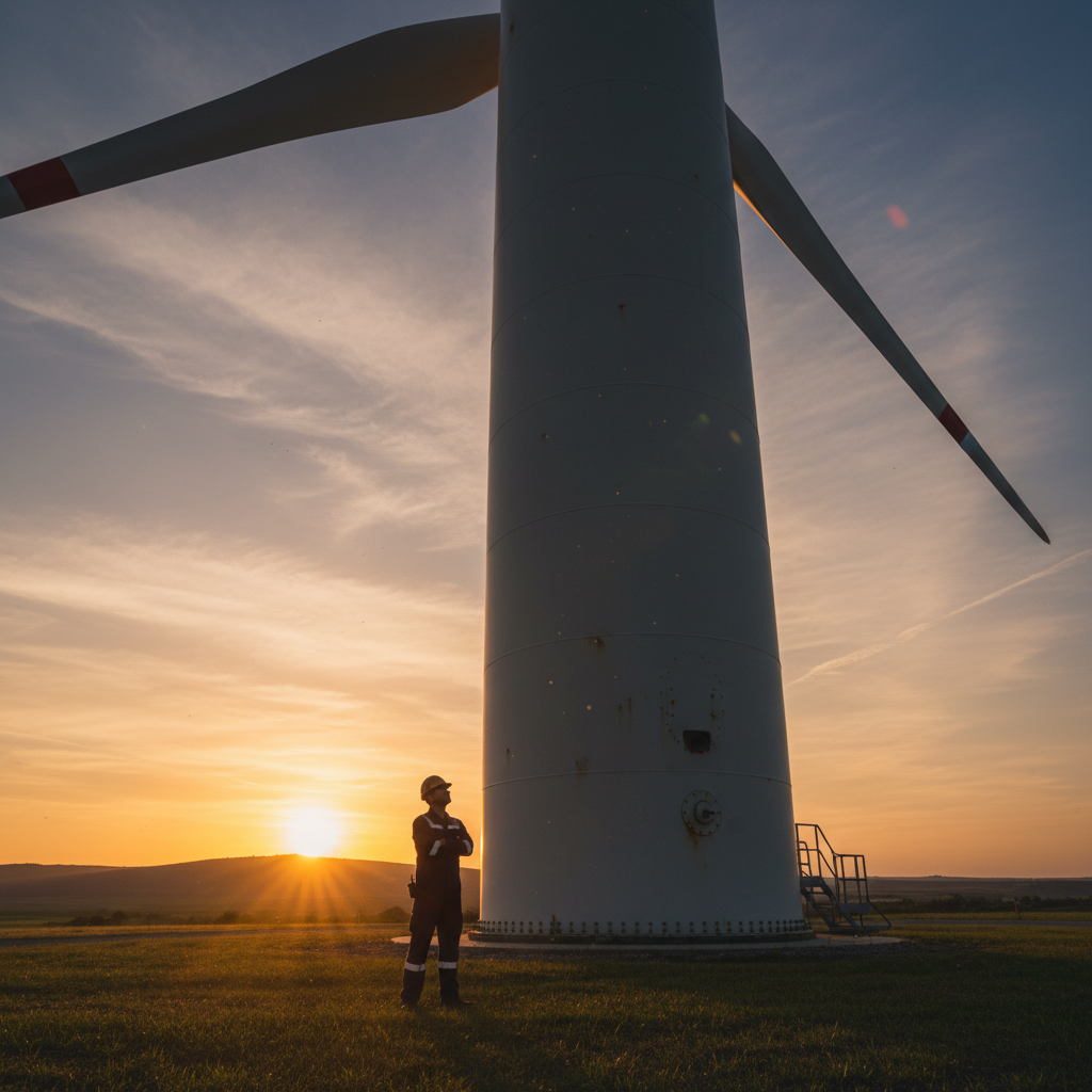 Technician silhouette at base of wind turbine tower at sunrise